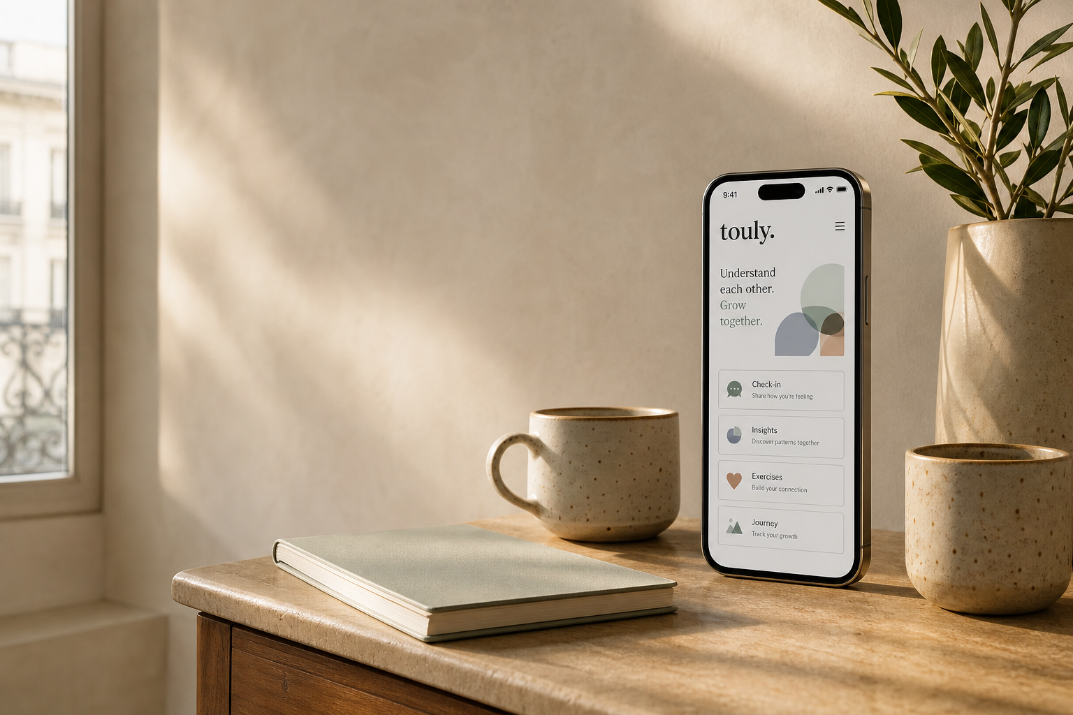 Touly app preview on a phone beside two cups and a notebook